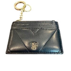 Victorias Secret Black Quilted V-Stitch Card Case Keychain Gold Hardware NWOT